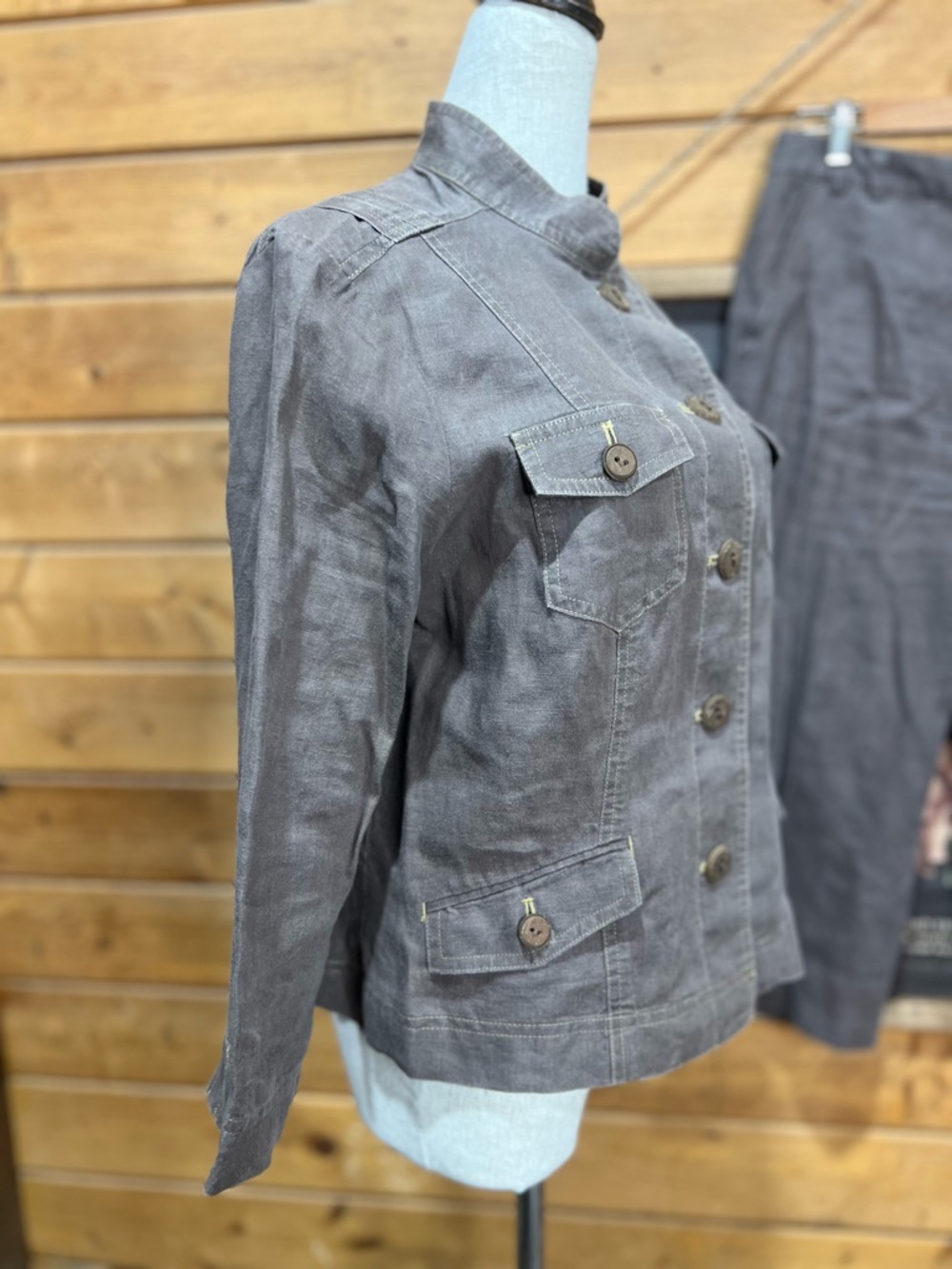 Sigrid Olsen 100% Linen Dark Taupe Matching Set Jacket Petite 8 Pants Petite 6 - Picture 4 of 15